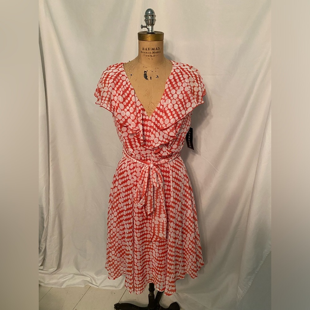 Connected Apparel Orange Faux Wrap Ruffle Dress - NWT